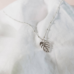 Fashion Sterling Silver Beads Chain Palm-leaf Leaf Pendant Necklace for Her