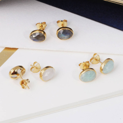 Landou Jewelry 18ct Gold Plated Pink Quartz Gemstone Studs Earrings UK
