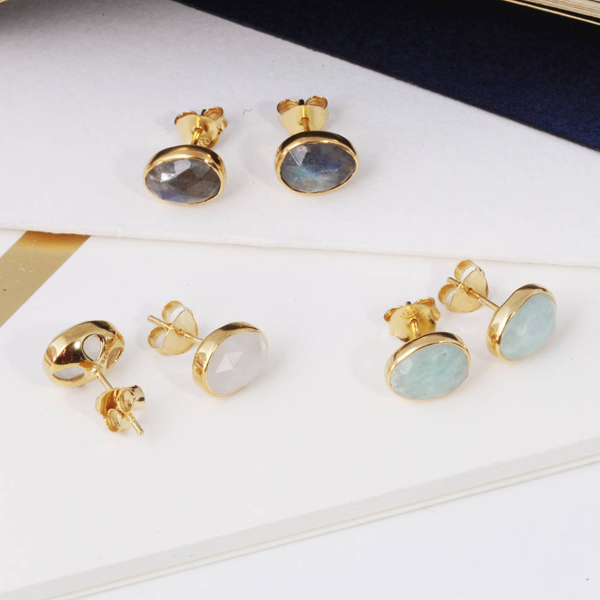 Landou Jewelry 18ct Gold Plated Pink Quartz Gemstone Studs Earrings UK