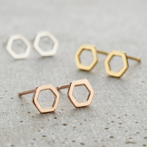 Landou Jewelry Sterling Silver Rose Gold Fine Hexagon Stud Earrings