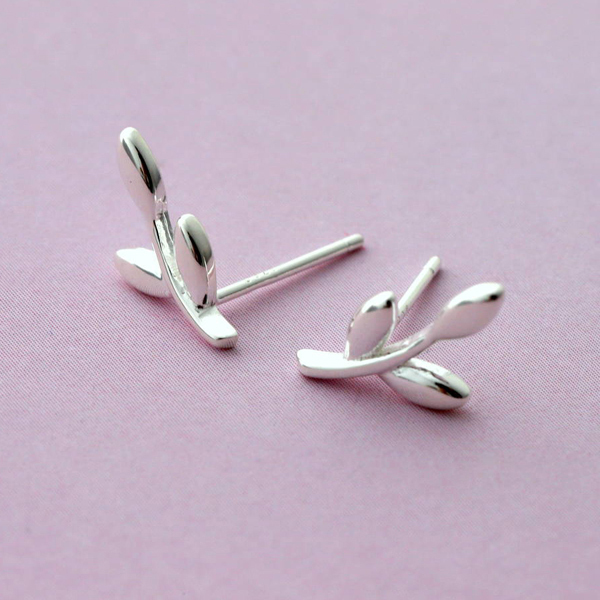 Simple Design High Polish Sterling Silver Olive Tree Leaf Stud Earrings