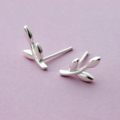 Simple Design High Polish Sterling Silver Olive Tree Leaf Stud Earrings