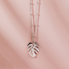 Fashion Sterling Silver Beads Chain Palm-leaf Leaf Pendant Necklace for Her