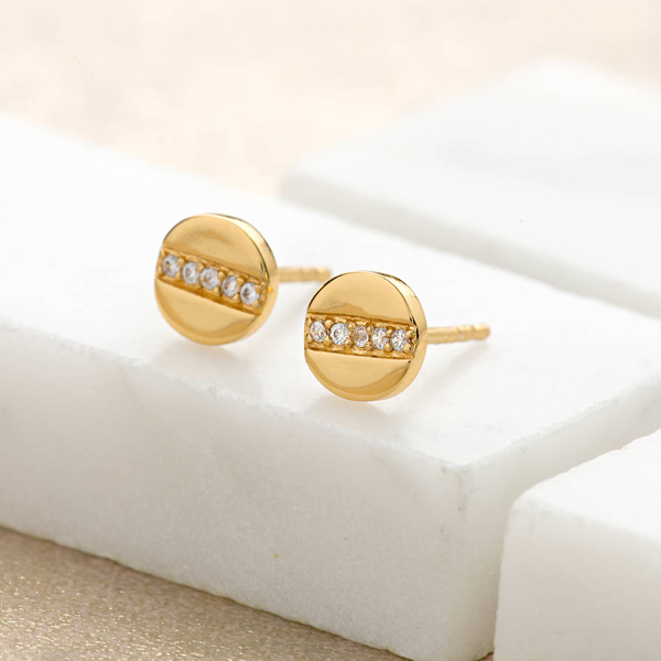 Tiny Design Sterling Silver Mini Disc with Line of Sparkle CZ Stud Earrings