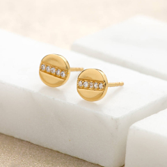 Tiny Design Sterling Silver Mini Disc with Line of Sparkle CZ Stud Earrings