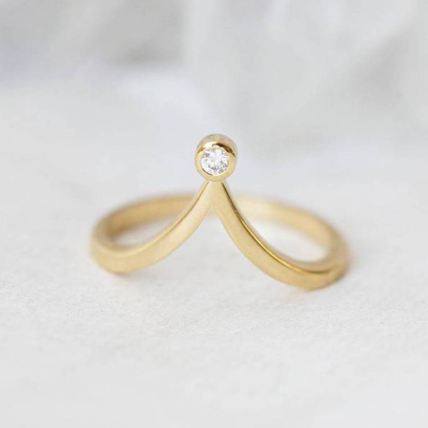 Fancy Sterling Silver 18K Gold Finished Cubic Zirconia V Shaped Band Ring