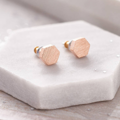 Petite Dedsign Sterling Silver Hexagonal Brushed Finished Tiny Stud Earrings