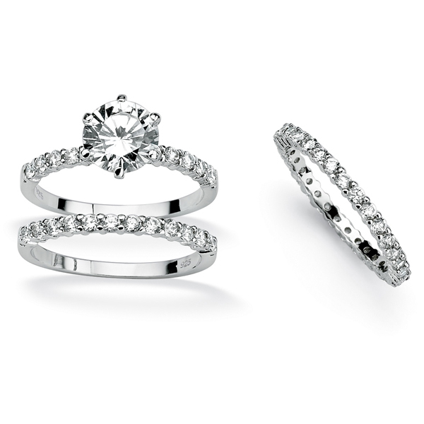 Solid Sterling Silver Prong Set Cubic Zirconia Engagement Wedding Ring Set