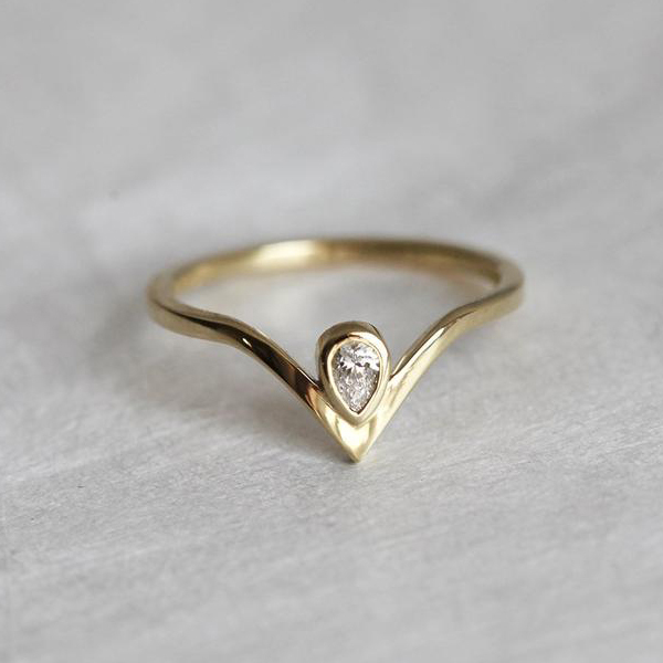 18K Yellow Gold Sterling Silver Teardrop Cubic Zirconia Thin V Ring