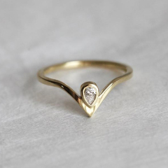 18K Yellow Gold Sterling Silver Teardrop Cubic Zirconia Thin V Ring