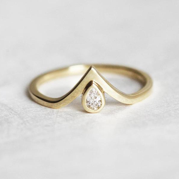 18K Yellow Gold Sterling Silver Teardrop Cubic Zirconia Thin V Ring