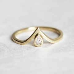 18K Yellow Gold Sterling Silver Teardrop Cubic Zirconia Thin V Ring