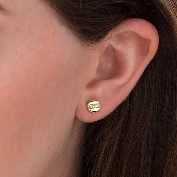 Tiny Design Sterling Silver Mini Disc with Line of Sparkle CZ Stud Earrings