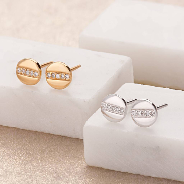 Tiny Design Sterling Silver Mini Disc with Line of Sparkle CZ Stud Earrings