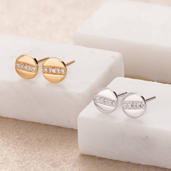 Tiny Design Sterling Silver Mini Disc with Line of Sparkle CZ Stud Earrings