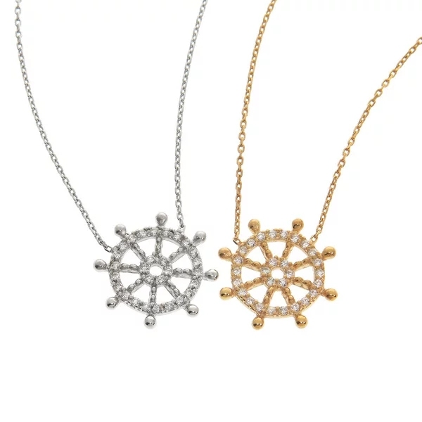 Customized Jewelry Pave Setting Cubic Zirconia Nautical Wheel Necklace
