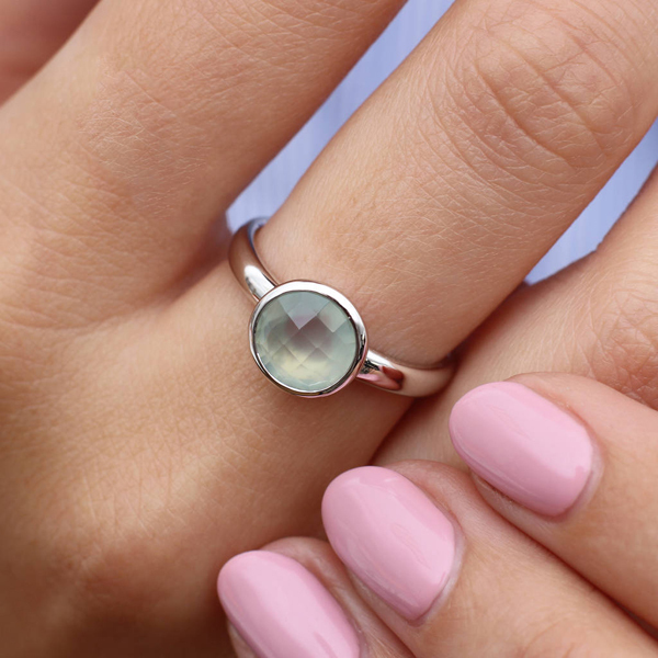 Rhodium Plated Sterling Silver Semi Precious Chalcedony Halo Ring Jewelry for Women