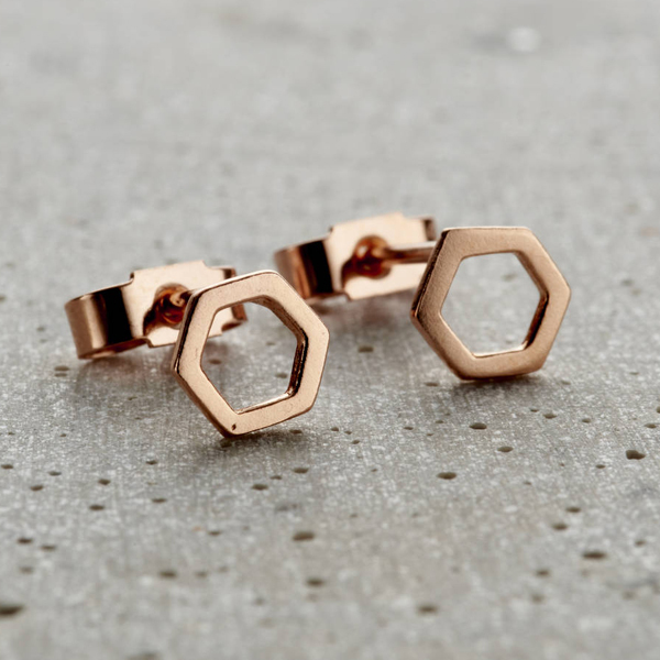 Landou Jewelry Sterling Silver Rose Gold Fine Hexagon Stud Earrings