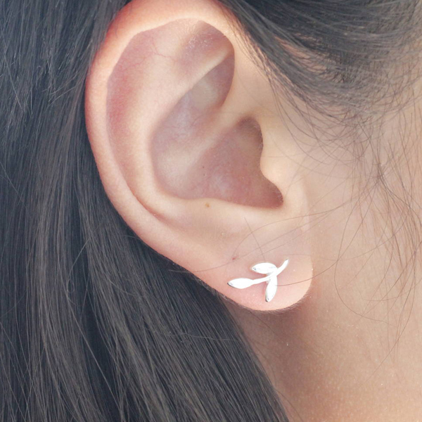 Simple Design High Polish Sterling Silver Olive Tree Leaf Stud Earrings
