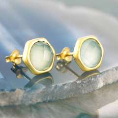 Sterling Silver Blue Chalcedony Round Gemstone Rose Gold Earrings