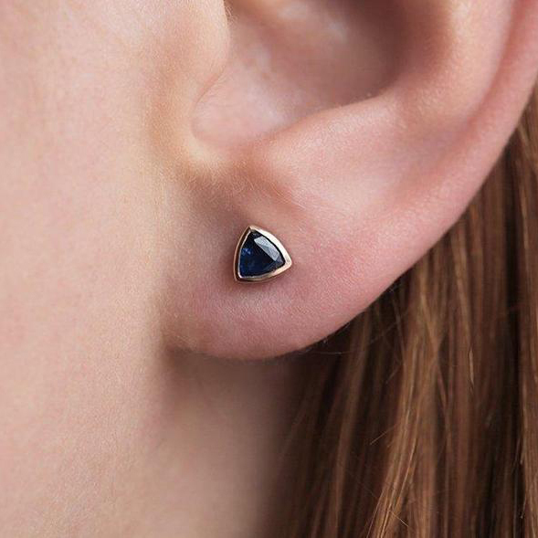 Tiny 925 Sterling Silver Blue Sapphire Trillion Shape Birthstone Stud Earring