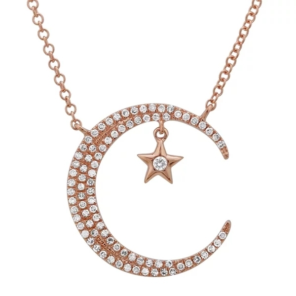 925 Sterling Silver CZ Yellow Gold Crescent Moon and Star Charm Necklace