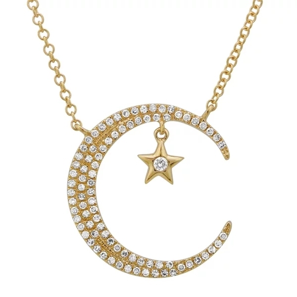 925 Sterling Silver CZ Yellow Gold Crescent Moon and Star Charm Necklace