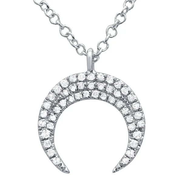 14K Yellow Gold Prong Setting CZ Crescent Moon Necklace in Silver