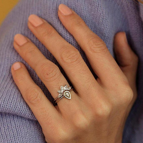 Fine Jewelry Sterling Silver White Sapphire Marquise Crown Ring for Gift