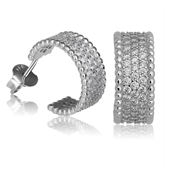 Popular Sterling Silver Pave Set Cubic Zirconia Wide Half Hoop Stud Earrings