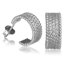 Popular Sterling Silver Pave Set Cubic Zirconia Wide Half Hoop Stud Earrings