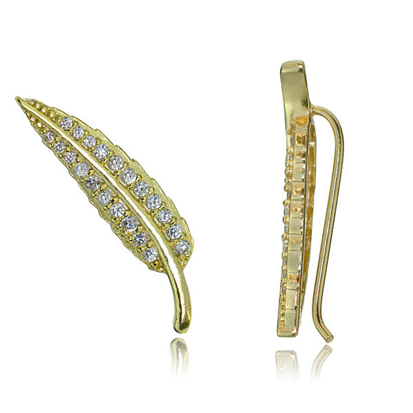 Rose Gold Plated Sterling Silver Cubic Zirconia Leaf Crawler Earrings
