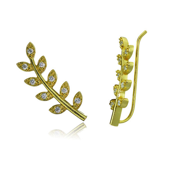 Landou Jewelry Sterling Silver Cubic Zirconia Leaf Ear Crawler Pin Earrings