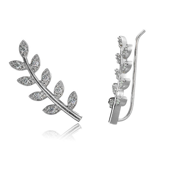 Landou Jewelry Sterling Silver Cubic Zirconia Leaf Ear Crawler Pin Earrings