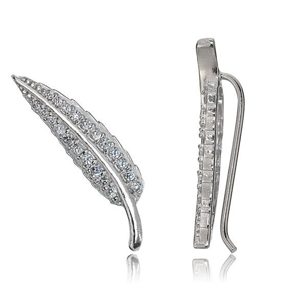 Rose Gold Plated Sterling Silver Cubic Zirconia Leaf Crawler Earrings