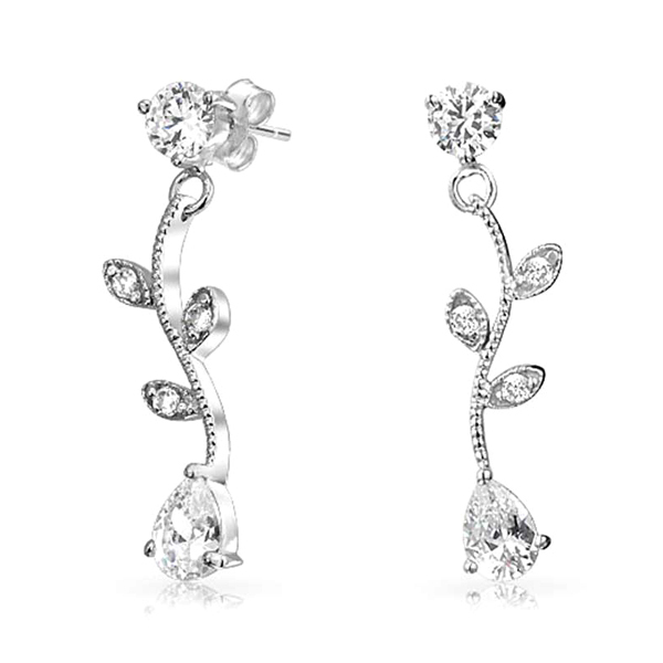 Teardrop Cubic Zirconia Vine Leaf 925 Sterling Silver Dangle Earrings