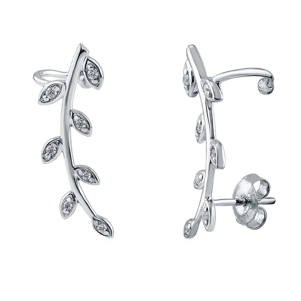 Fashion Sterling Silver Cubic Zirconia Leaf Ear Cuffs Climbers Earrings