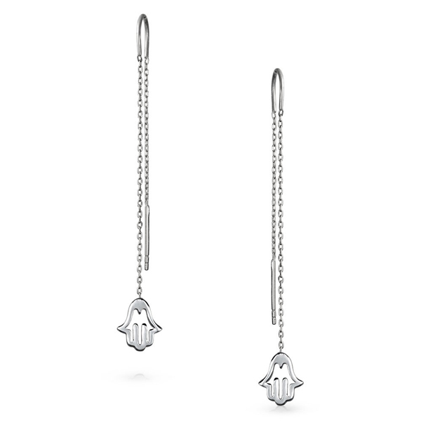 925 Sterling Silver Hamsa Hand Symbol Long Chain Threader Earrings