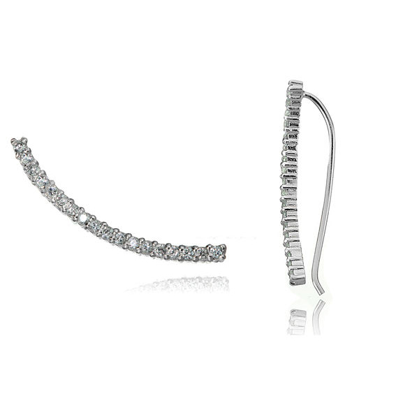 Sterling Silver Pave Set Cubic Zirconia Long Pin Ear Crawlers Earrings