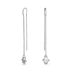 925 Sterling Silver Hamsa Hand Symbol Long Chain Threader Earrings