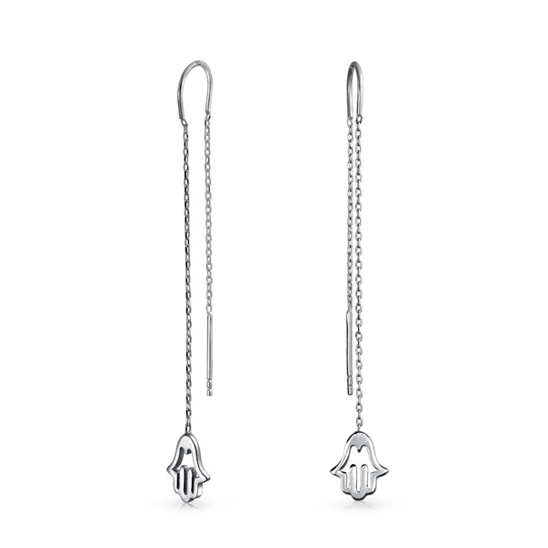 925 Sterling Silver Hamsa Hand Symbol Long Chain Threader Earrings