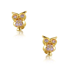 14K Yellow Gold Plated White Cubic Zirconia Owl Animal Stud Earrings