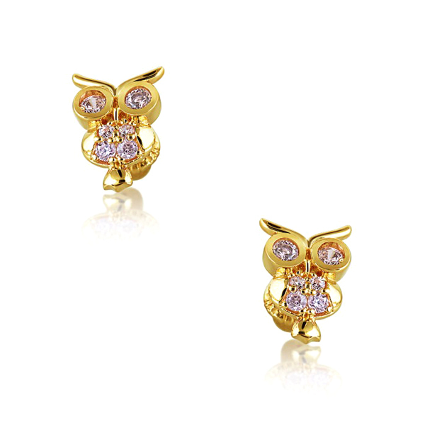 14K Yellow Gold Plated White Cubic Zirconia Owl Animal Stud Earrings