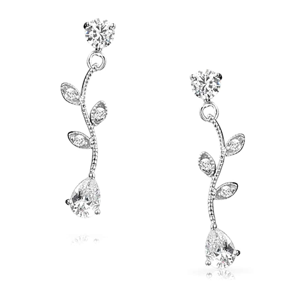 Teardrop Cubic Zirconia Vine Leaf 925 Sterling Silver Dangle Earrings