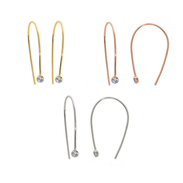 Solid Sterling Silver Bezel-set Cubic Zirconia Threader Pin Hook Earrings