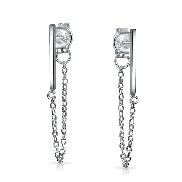 Women Jewelry Modern Bar Chain Earrings 925 Sterling Silver Studs