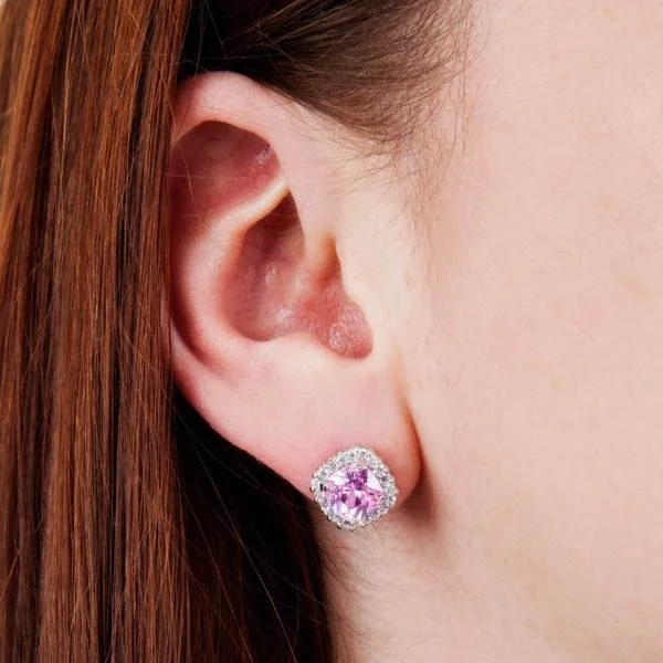 Vintage Design Sterling Silver White and Pink Cubic Zirconia Stud Earrings