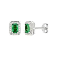 Sterling Silver Created Emerald and Cubic Zirconia Square Stud Earrings
