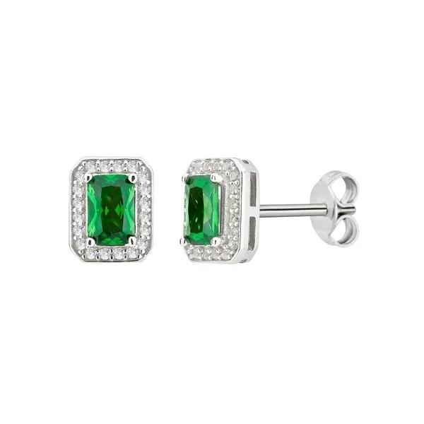 Sterling Silver Created Emerald and Cubic Zirconia Square Stud Earrings