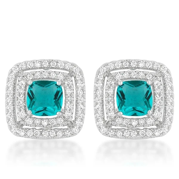 Fine Jewelry Sterling Silver Aqua and White Cubic Zirconia Halo Stud Earrings